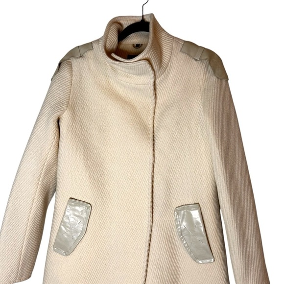 RUDSAK Women's Ribbed Ivory Wool Long Dress Jacket with Leather Accents- Small - Picture 3 of 14